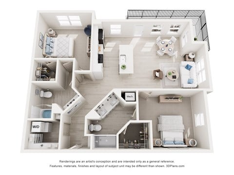 Floor plan for 2 beds, 2 baths, 1225 sqft